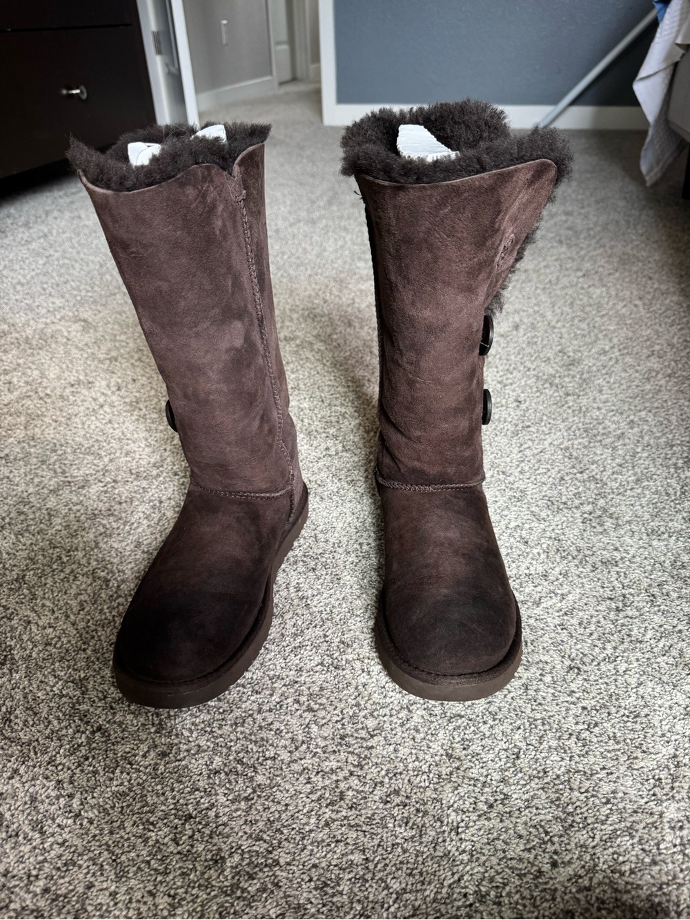 UGG Bailey Button Chocolate Brown Suede Tall Shearling Boots